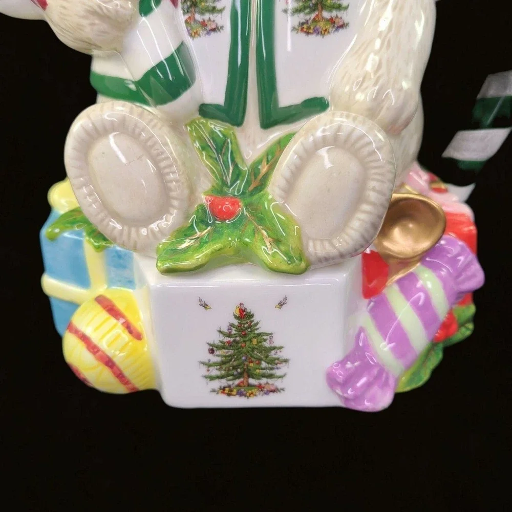 Spode Christmas Tree Green Trim Teddy Bear Tea Pot Teapot With Lid Box Holiday